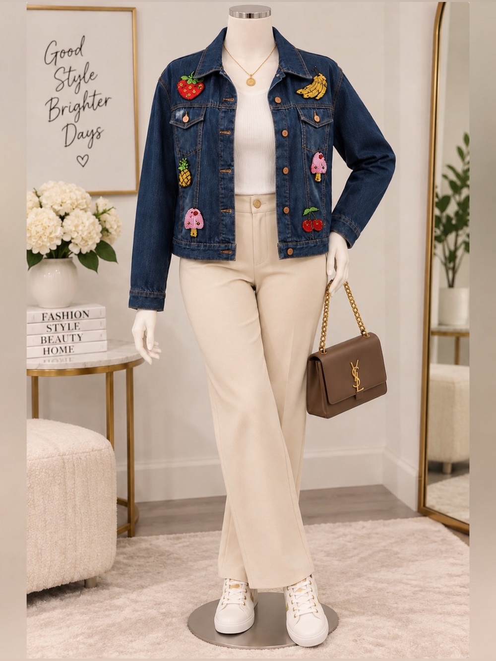 Women’s Embroidered Denim Jacket Fruit Patchwork Button Front Blue Jean Jacket